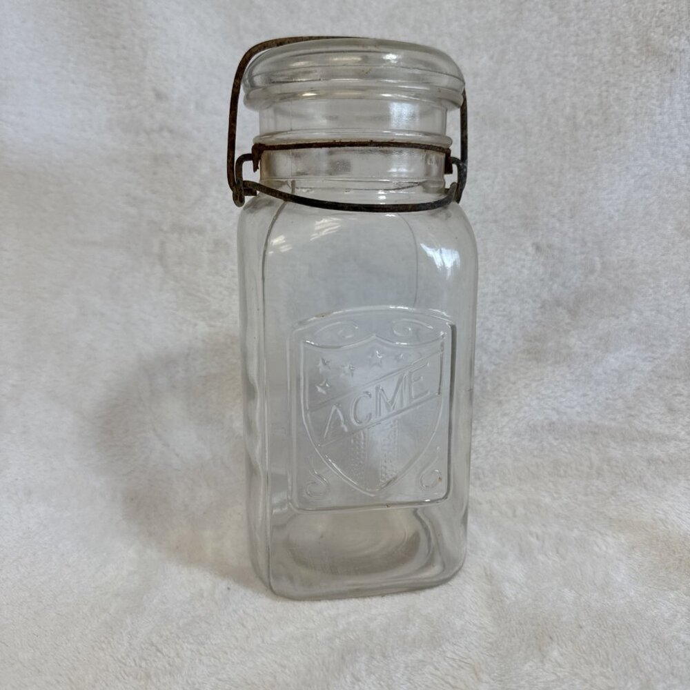 Vintage‎ ACME Square Clear Quart Mason Canning Jar With Glass Lid & Wire Bale
